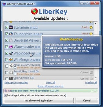 Liberkey - портативные приложения. Окошко обновлений